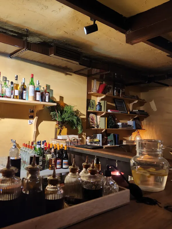 The back bar: bottles, glass jars and plants on wooden shelves